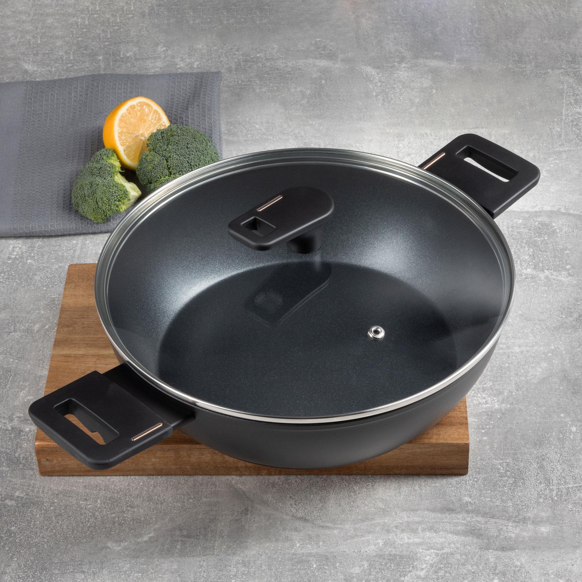 Juego de 2 Cacerolas Bajas Ø20cm (2,2L) + Ø28cm (4,2L) con tapas en Aluminio forjado color Negro Copper Bergner