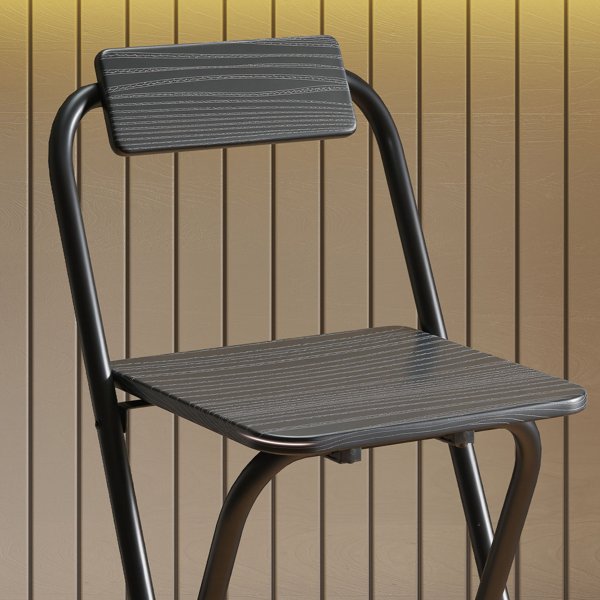 Lot de 2 tabourets de bar pliants avec dossier et repose-pieds acier noir effet bois noir