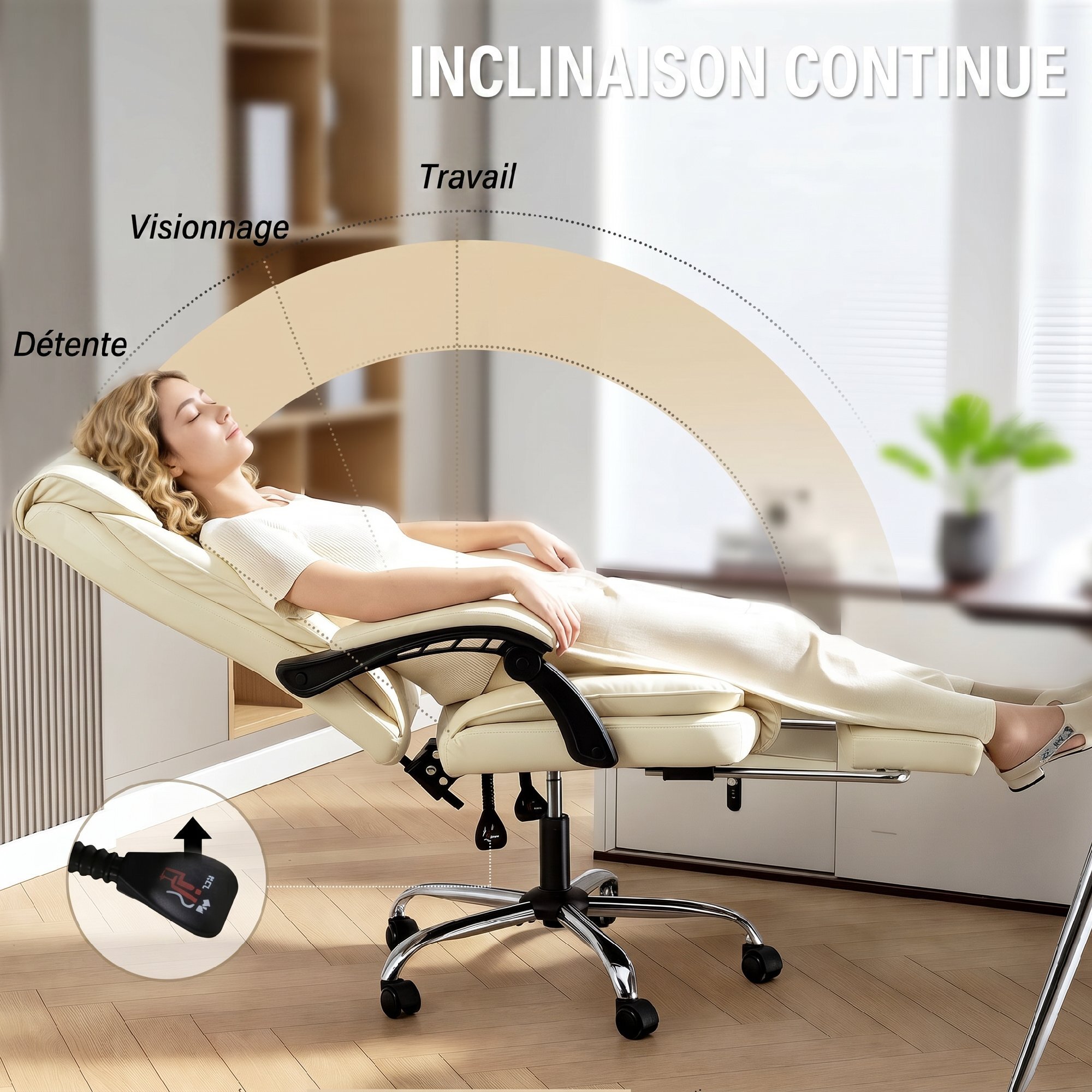 Chaise de bureau inclinable repose-pieds revêtement synthétique crème