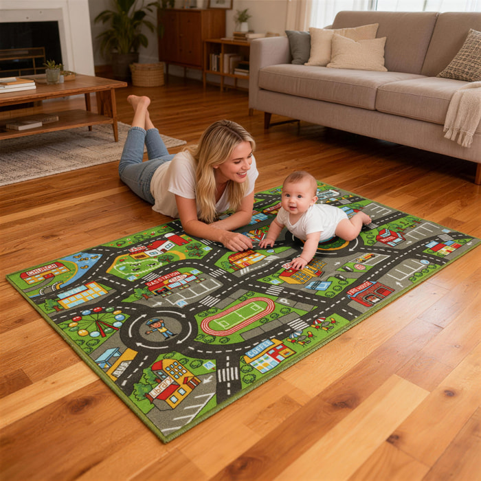 Alfombra Infantil, Carretera de Ciudad, 160x100 cm, Alfombra Educativa Antideslizante para Gateo y Jugar con Coches, para Salón y Dormitorio, Textura Suave