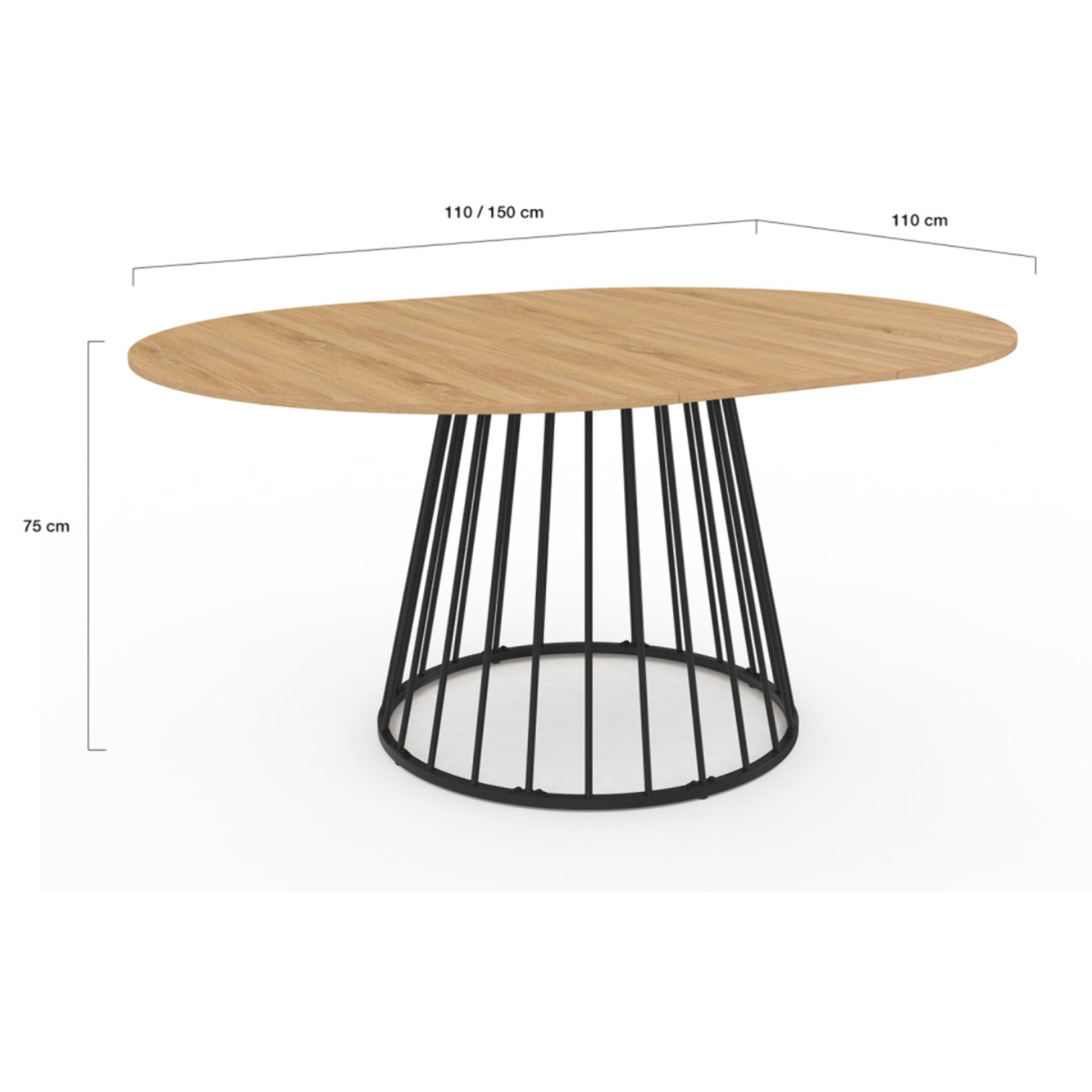 Table repas Adelle plateau rond extensible 110-150cm et pied filaire noir
