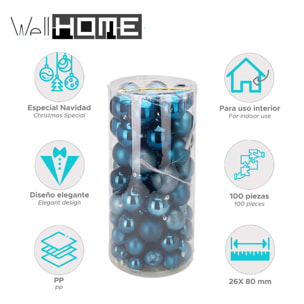 set de 100 bolas de navidad color azul pet con diferentes diseños y acabados
