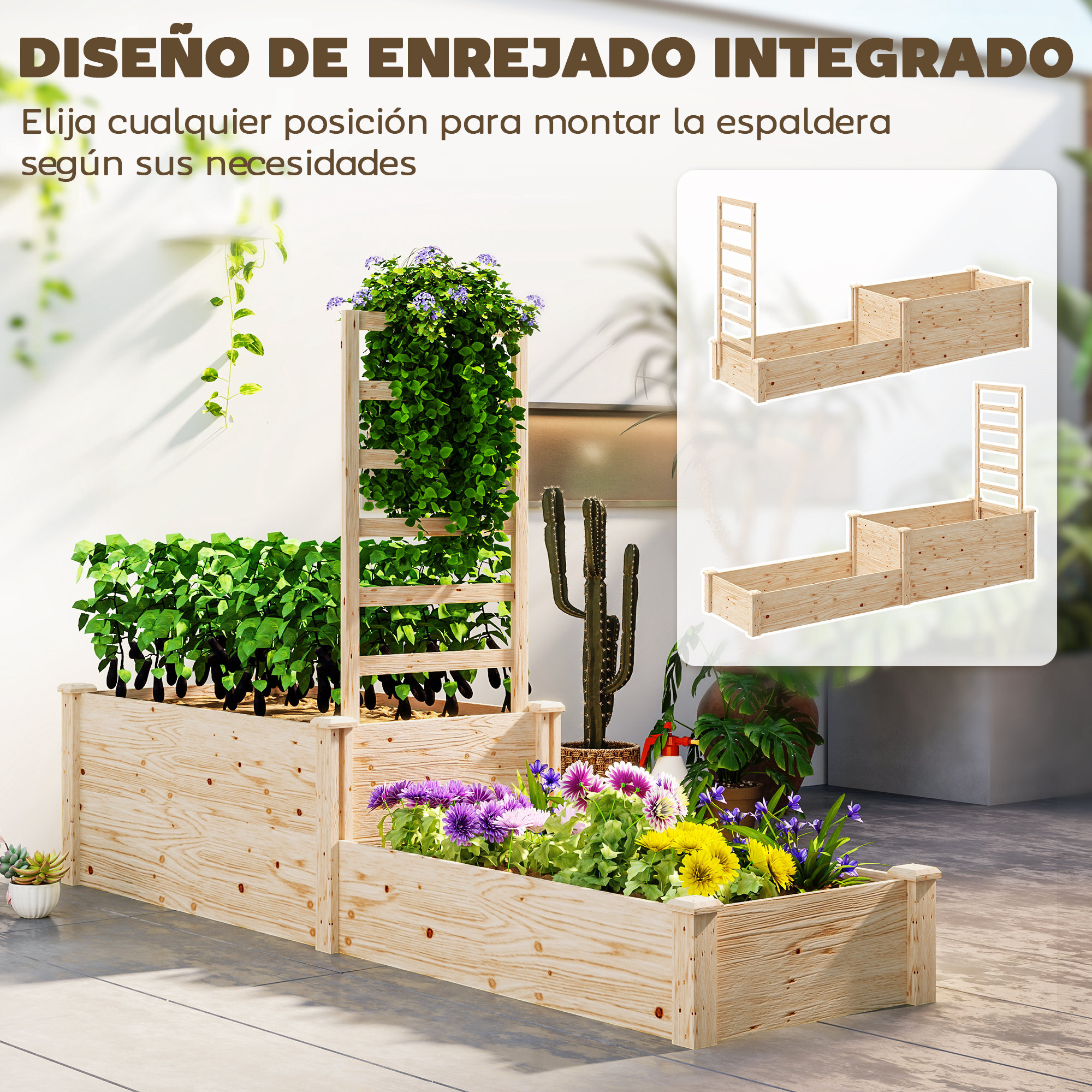 Jardinera Exterior Grande de Madera Jardinera Elevada con Celosía para Plantas Trepadoras y 2 Cajas de Cultivo para Jardín Patio Terraza 222x63x132 cm Natural