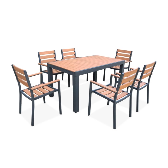Set complet tables de jardin extensible papillon 150/195cm anthracite + 6 fauteuils empilables. bois d'eucalyptus et structure aluminium