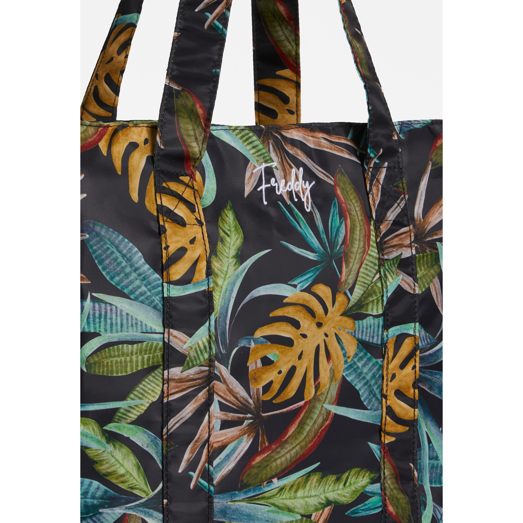 Borsa shopper stampa foliage tropical con tasche laterali