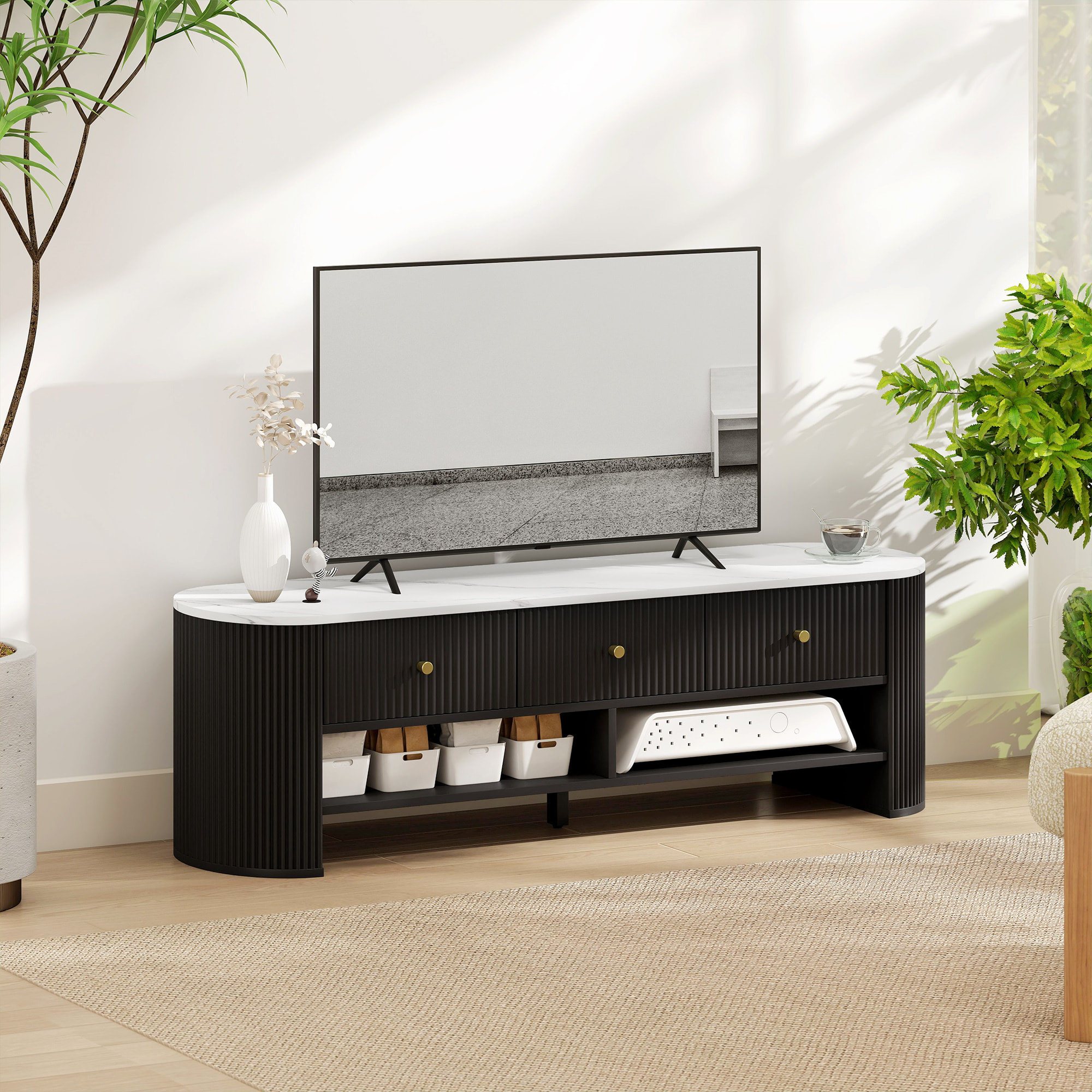 Meuble TV design ovale effet marbre blanc 140 x 40 x 43 cm 3 tiroirs 2 niches noir