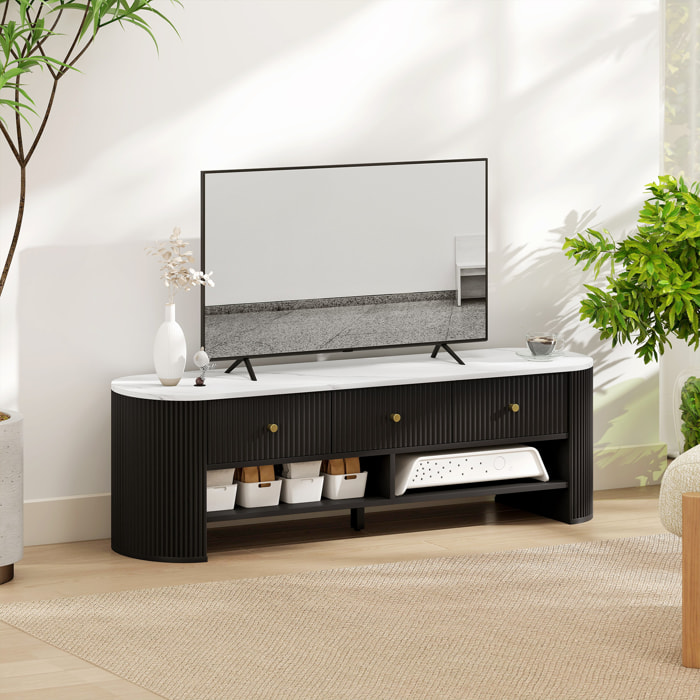 Meuble TV design ovale effet marbre blanc 140 x 40 x 43 cm 3 tiroirs 2 niches noir