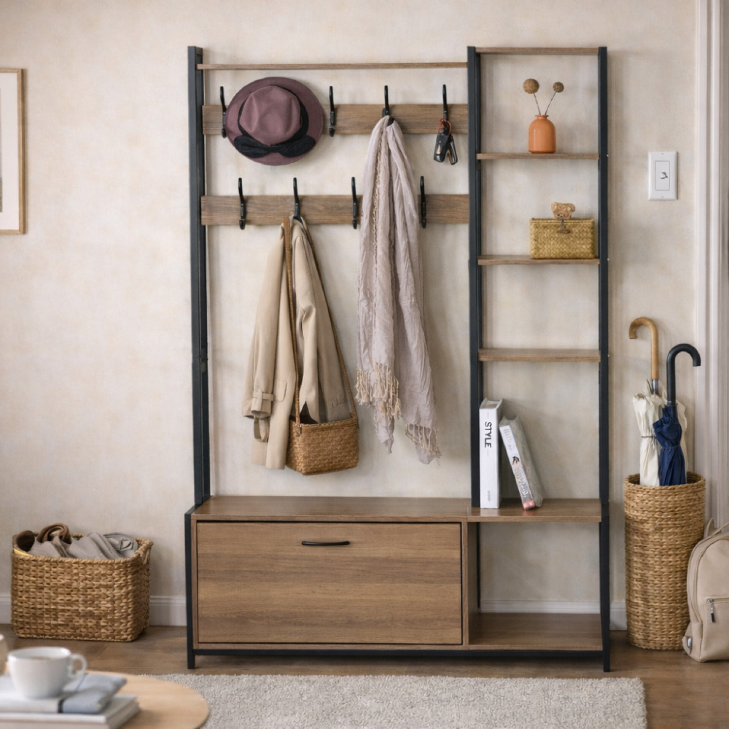 ASHANTI Meuble d'entrée 182x120cm noyer et noir