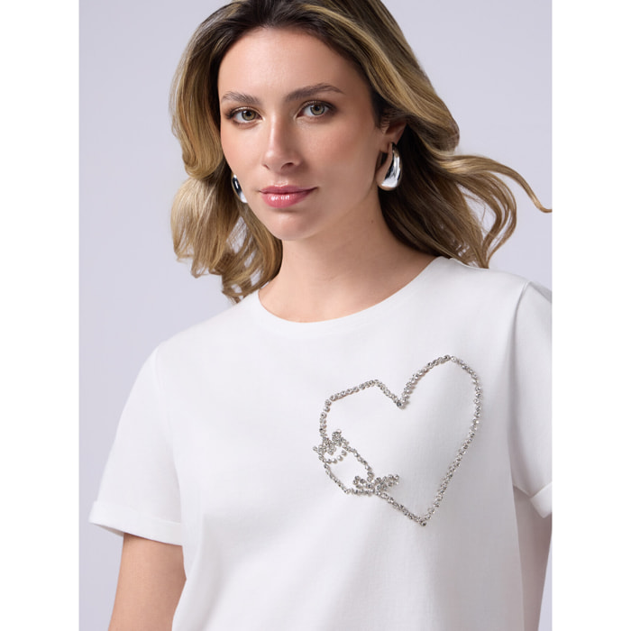 Oltre - T-shirt in cotone con ricamo gioiello - Bianco