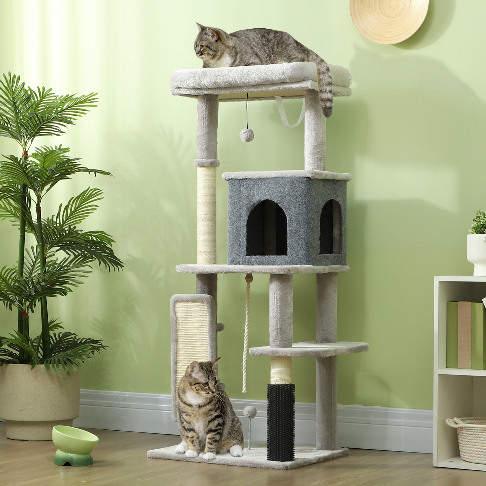 Arbre à chat design H.132cm bande massante griffoirs grattoirs nombreux jouets gris
