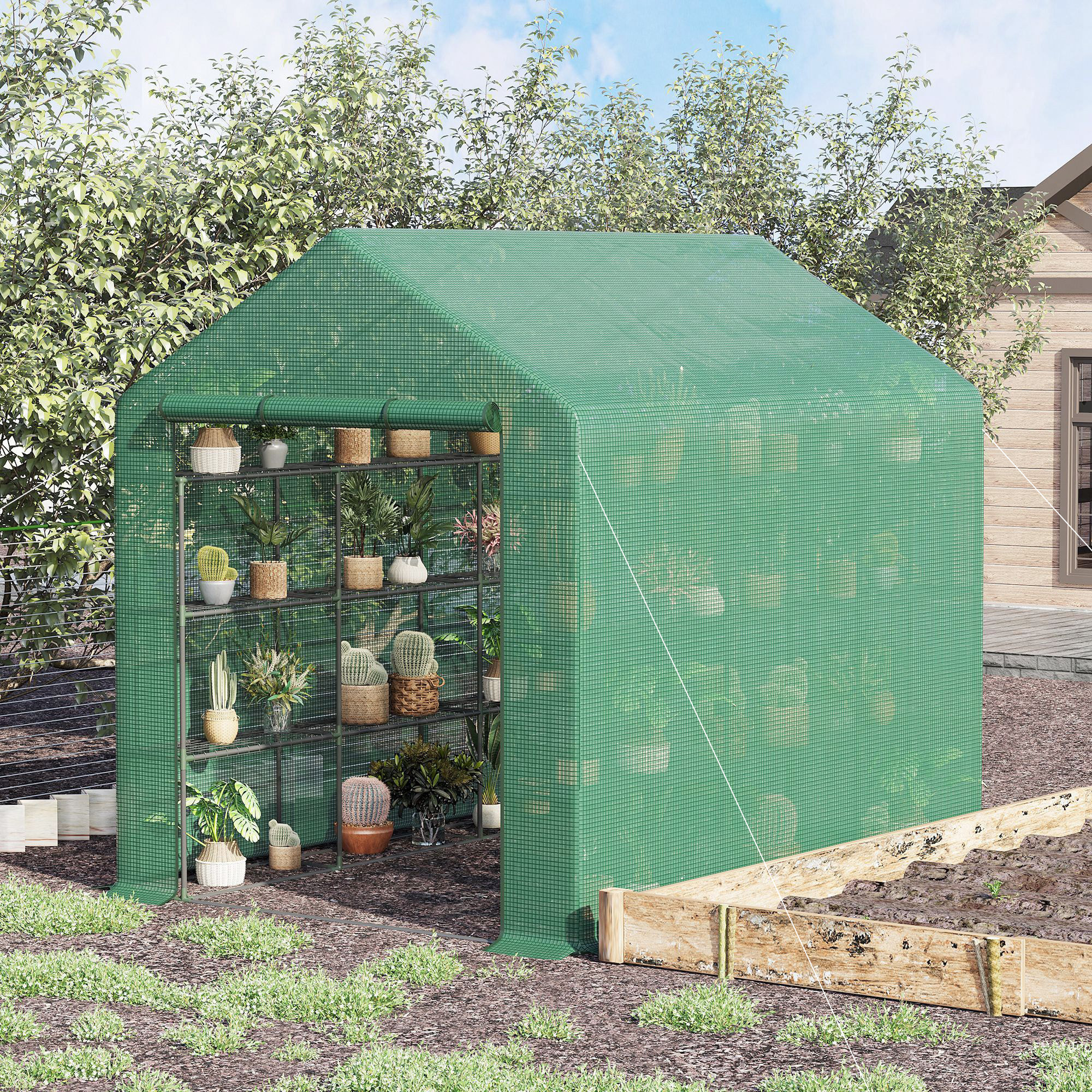 Serre de jardin 6 étagères dim. 244L x 180l x 210H cm porte enroulable acier noir bâche PE vert