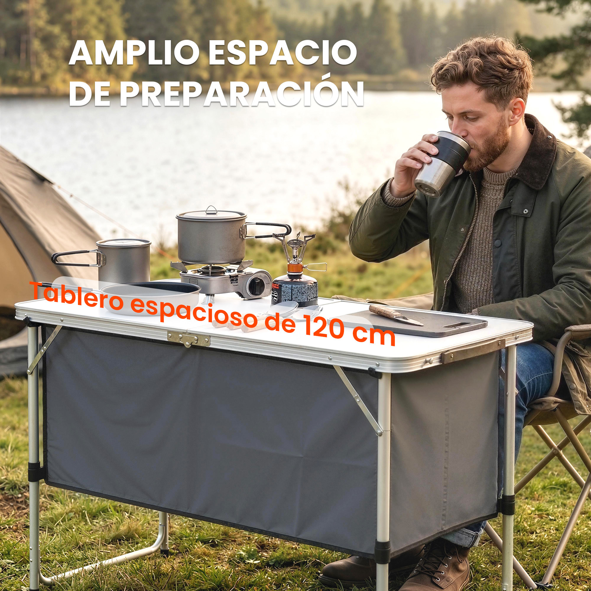 Mesa de Cocina de Camping Plegable, Mueble de Cocina de Camping Portátil con Armario de Tela Oxford, Marco de Aluminio, para Picnic, BBQ y Actividades al Aire Libre, 120x47x70 cm, Plateado