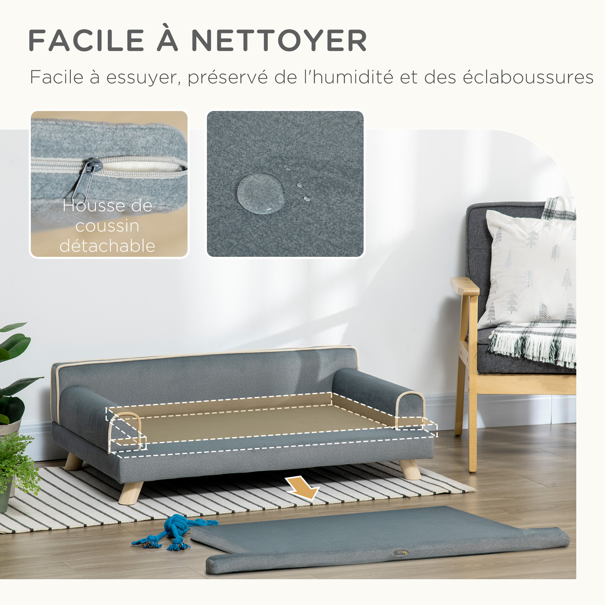 Canapé chien lit pour chien design scandinave coussin moelleux piètement bois dim. 100L x 62l x 32H cm polyester gris