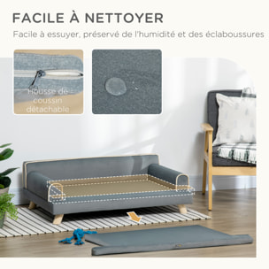 Canapé chien lit pour chien design scandinave coussin moelleux piètement bois dim. 100L x 62l x 32H cm polyester gris