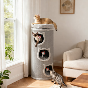 Tour à griffer pour chat - arbre à chat - 3 niches, 3 jouets, panier haut - sisal peluche gris