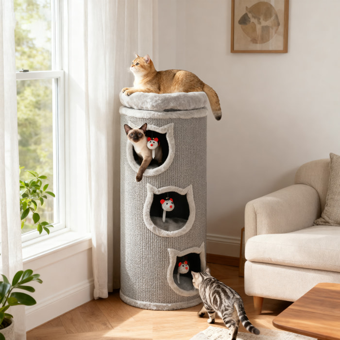 Tour à griffer pour chat - arbre à chat - 3 niches, 3 jouets, panier haut - sisal peluche gris