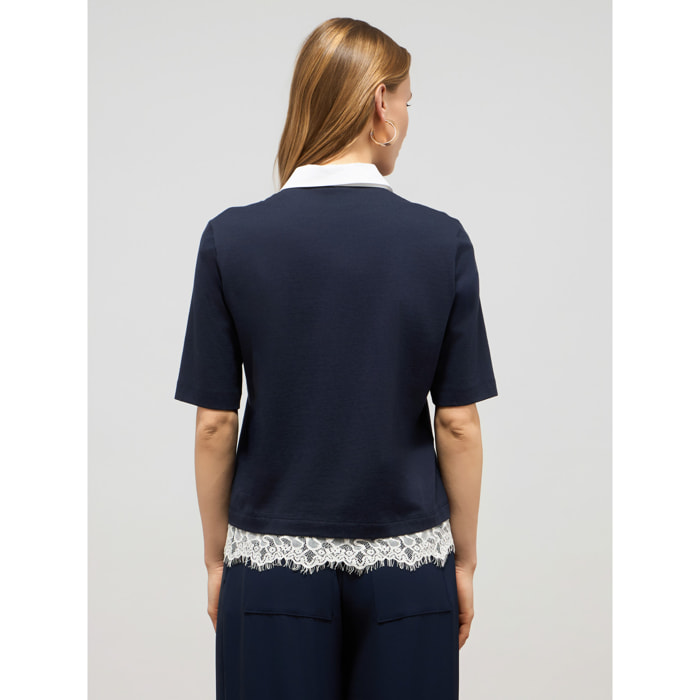 Oltre - Camiseta polo con bordado y encaje - Azul