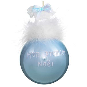 Boule de Noël Mon Premier Père Noël + Cheval 90mm bleu en verre