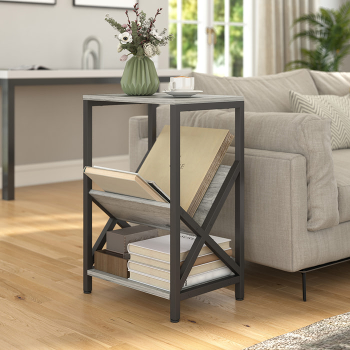 Bout de canapé design effet bois gris acier porte-revues en V étagère