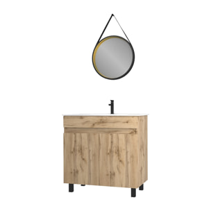 Pack Meuble SDB 80cm sur pieds 2 portes Chene_Vasque noire + Miroir Barber - TIMBER 80_Pack24