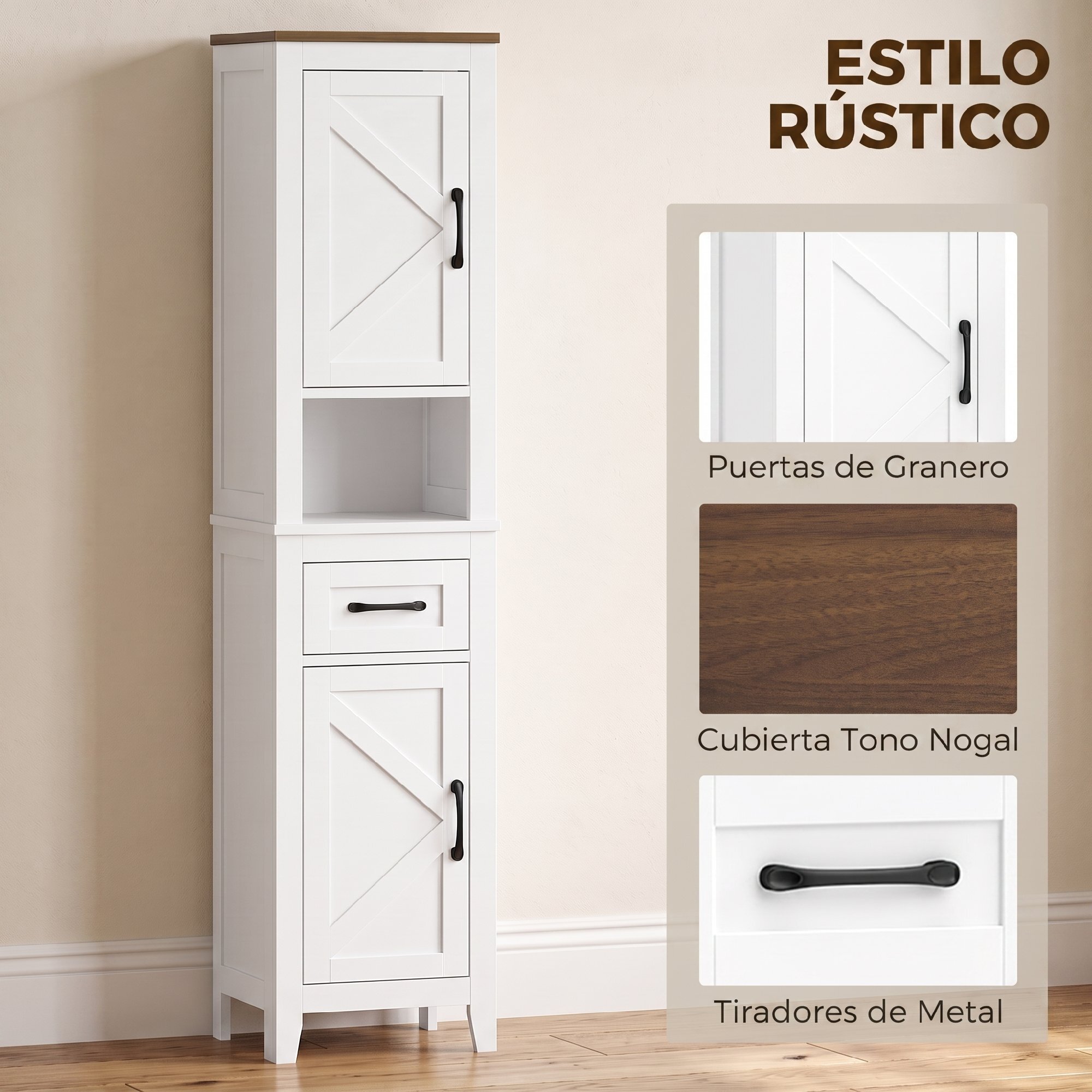 HOMCOM Armario de Baño Alto, Mueble de Baño Estrecho con Cajón, Estante Abierto, Puertas y Estantes Ajustables, Estilo Rústico, 34,5x30x148 cm, Blanco