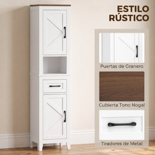 HOMCOM Armario de Baño Alto, Mueble de Baño Estrecho con Cajón, Estante Abierto, Puertas y Estantes Ajustables, Estilo Rústico, 34,5x30x148 cm, Blanco