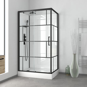 Cabine de douche 110x80cm / Receveur Haut - Verre transparent sérigraphié et Blanc - Profilés Noir