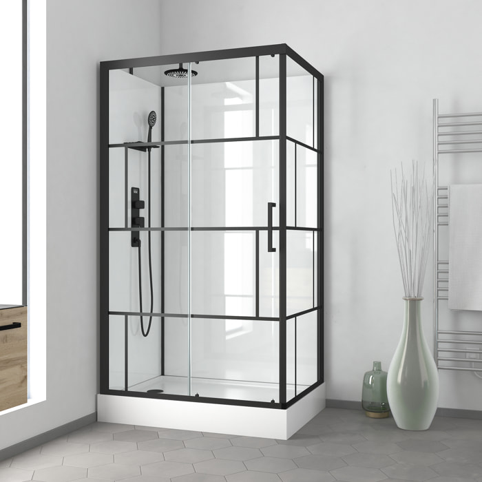Cabine de douche 110x80cm / Receveur Haut - Verre transparent sérigraphié et Blanc - Profilés Noir