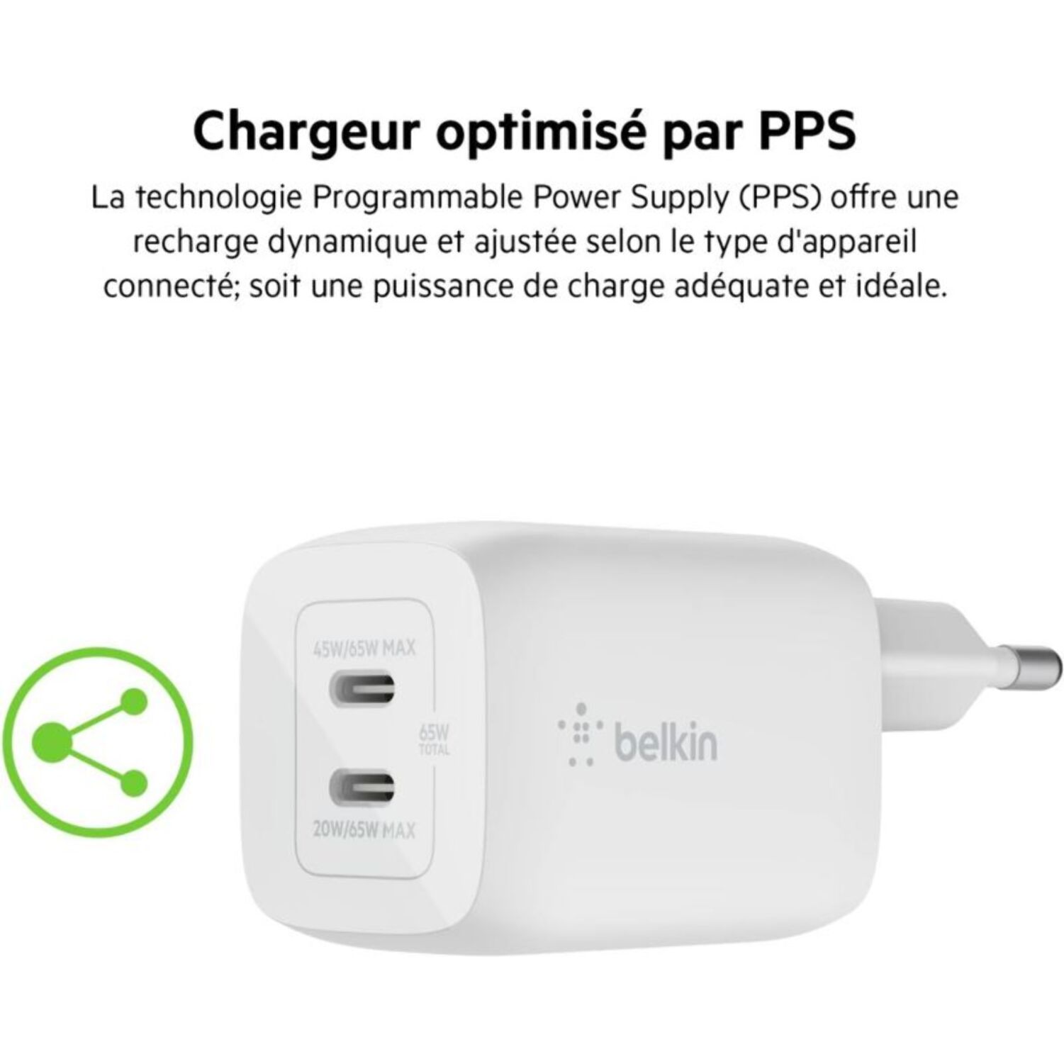 Chargeur BELKIN USB C x2 65W GaN PPS + Cable USB-C 2m