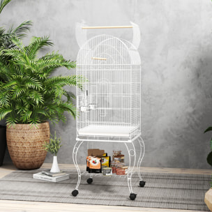 Jaula para Pájaros con Ruedas y Estante, 51x51x153 cm, Jaula Grande con Parte Superior Abatible, 2 Comederos, 2 Perchas, 4 Puertas y Bandeja Extraíble, para Loros y Canarios, Blanco