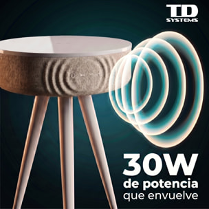 Mesa auxiliar altavoz portátil con sonido de 30W, Bluetooth, base de carga inalámbrica, batería de 2200mAh. Mesilla o mesita para dormitorio o sala de estar - TD Systems SM30B11WB [Lacado blanco]