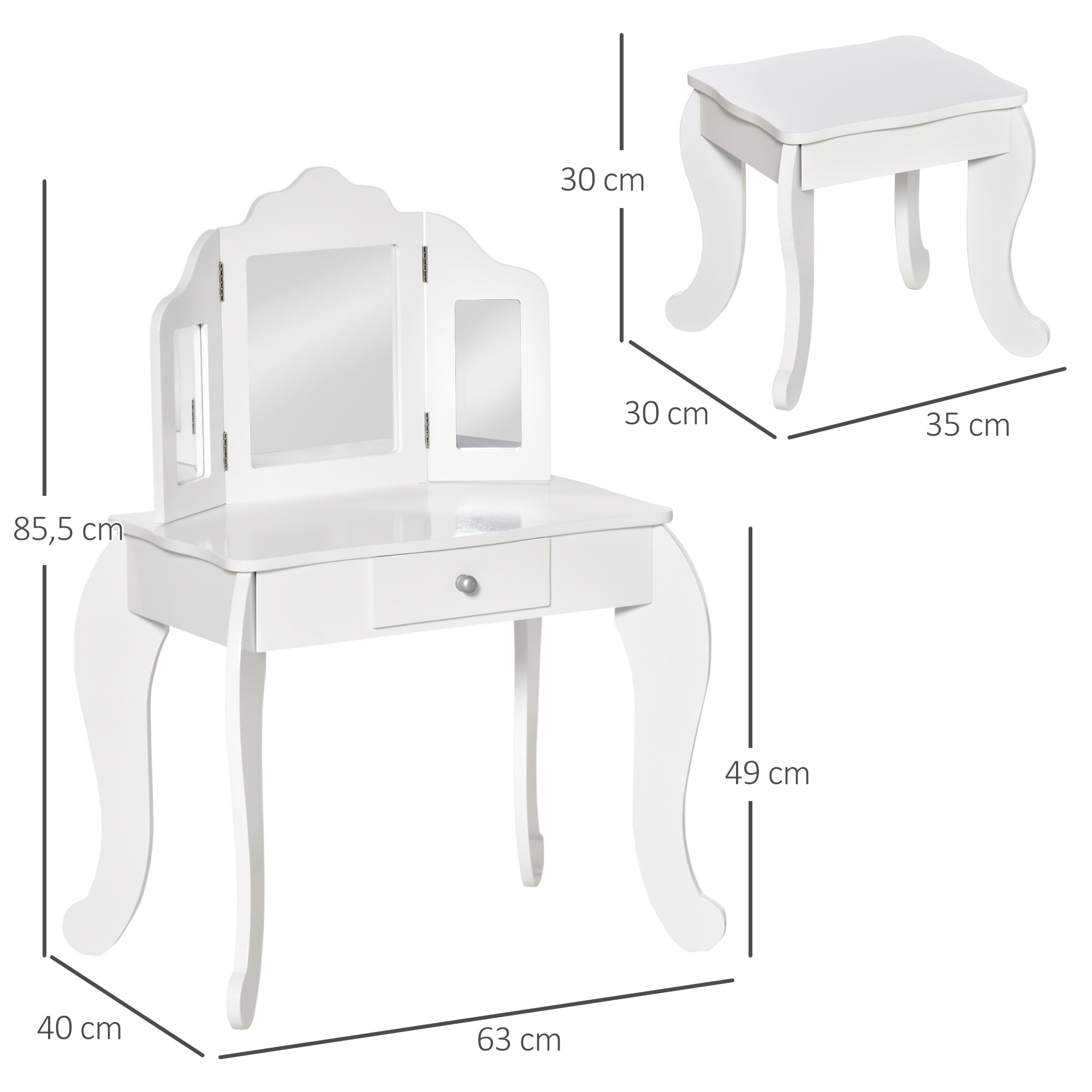 Coiffeuse enfant avec tabouret, miroir triptyque et tiroir coulissant - coiffeuse dim. 63L x 40l x 85,5H cm - MDF blanc acrylique