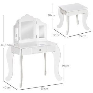Coiffeuse enfant avec tabouret, miroir triptyque et tiroir coulissant - coiffeuse dim. 63L x 40l x 85,5H cm - MDF blanc acrylique