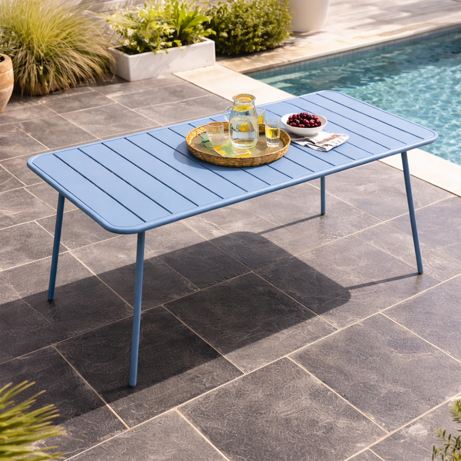EVORA Table de jardin 6 places 160cm bleu