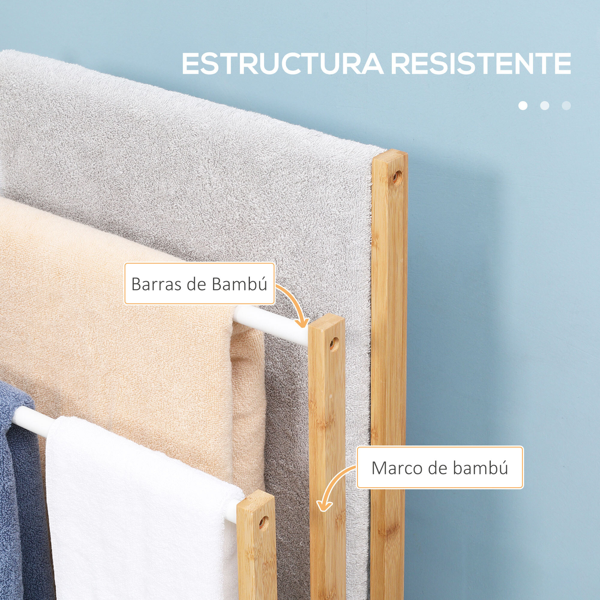 Toallero de Pie de Bambú con 3 Barras Toallero Independiente de 3 Niveles para Baño Lavadero 48x25,8x94 cm Natural