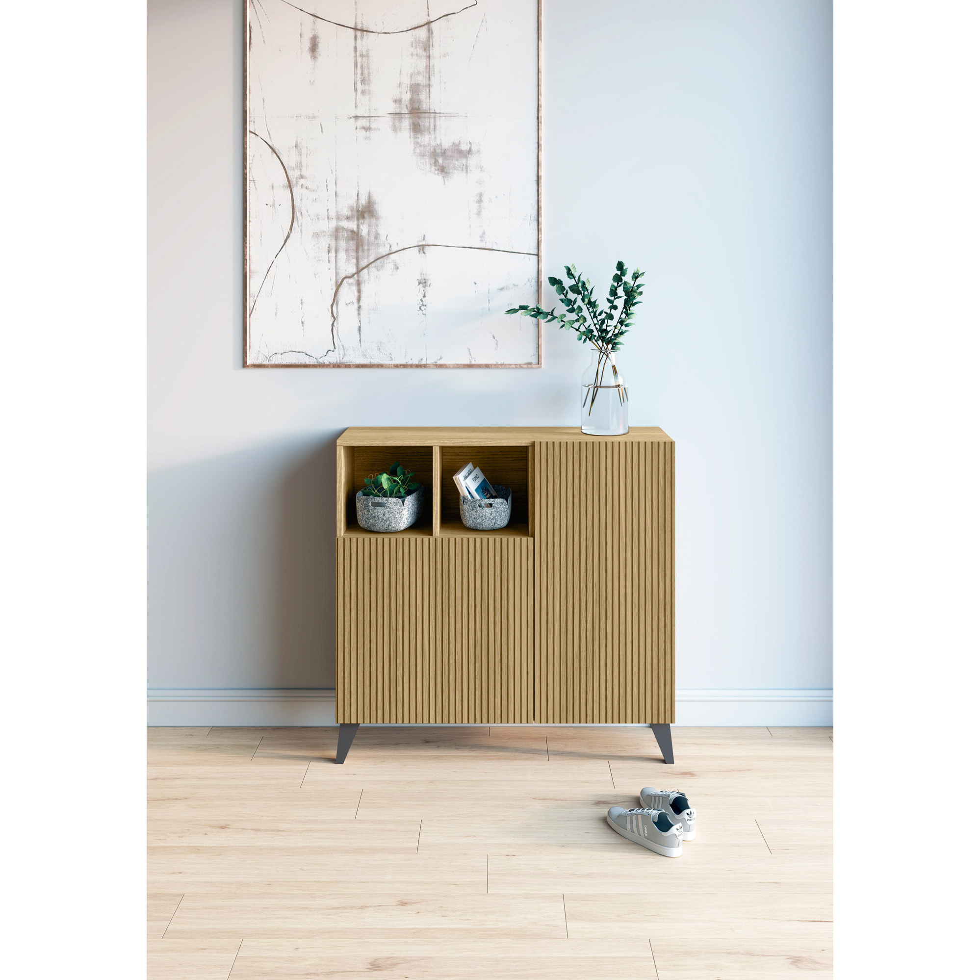 Zapatero Moss melamina roble dorado puerta vallado pata grafito 87x90x27 cm