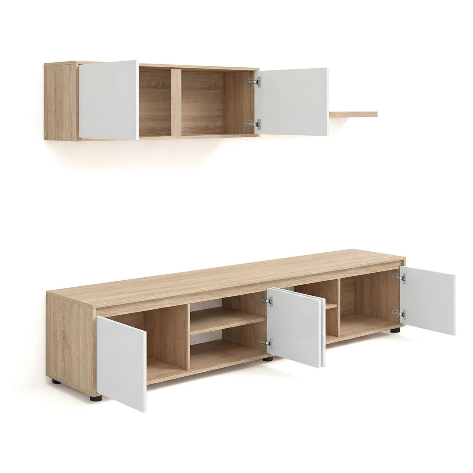 Salón con mueble de TV y estantería en roble canadian y blanco artik 200 cm Arlet Roble Canadian - Blanco Artik (Blanco Mate)