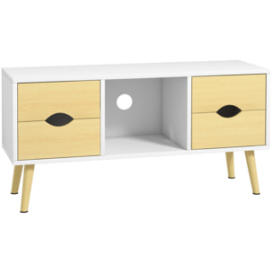 Meuble TV style scandinave 4 tiroirs coulissants niche passe-fils piètement bois pin blanc aspect bois clair