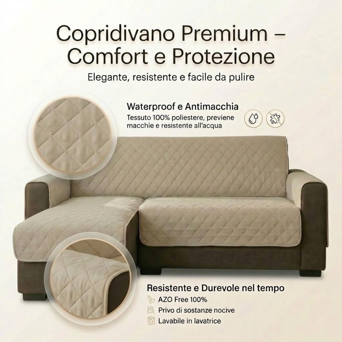 Copridivano 2 posti con penisola impermeabile e antimacchia, telo protettivo con braccioli adattabile a penisola destra e sinistra, vestibilità pratica e versatile, protegge da liquidi e sporco, facile da lavare, ideale per uso quotidiano