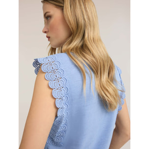 Motivi - T-shirt in misto lino con inserti in pizzo - Azzurro