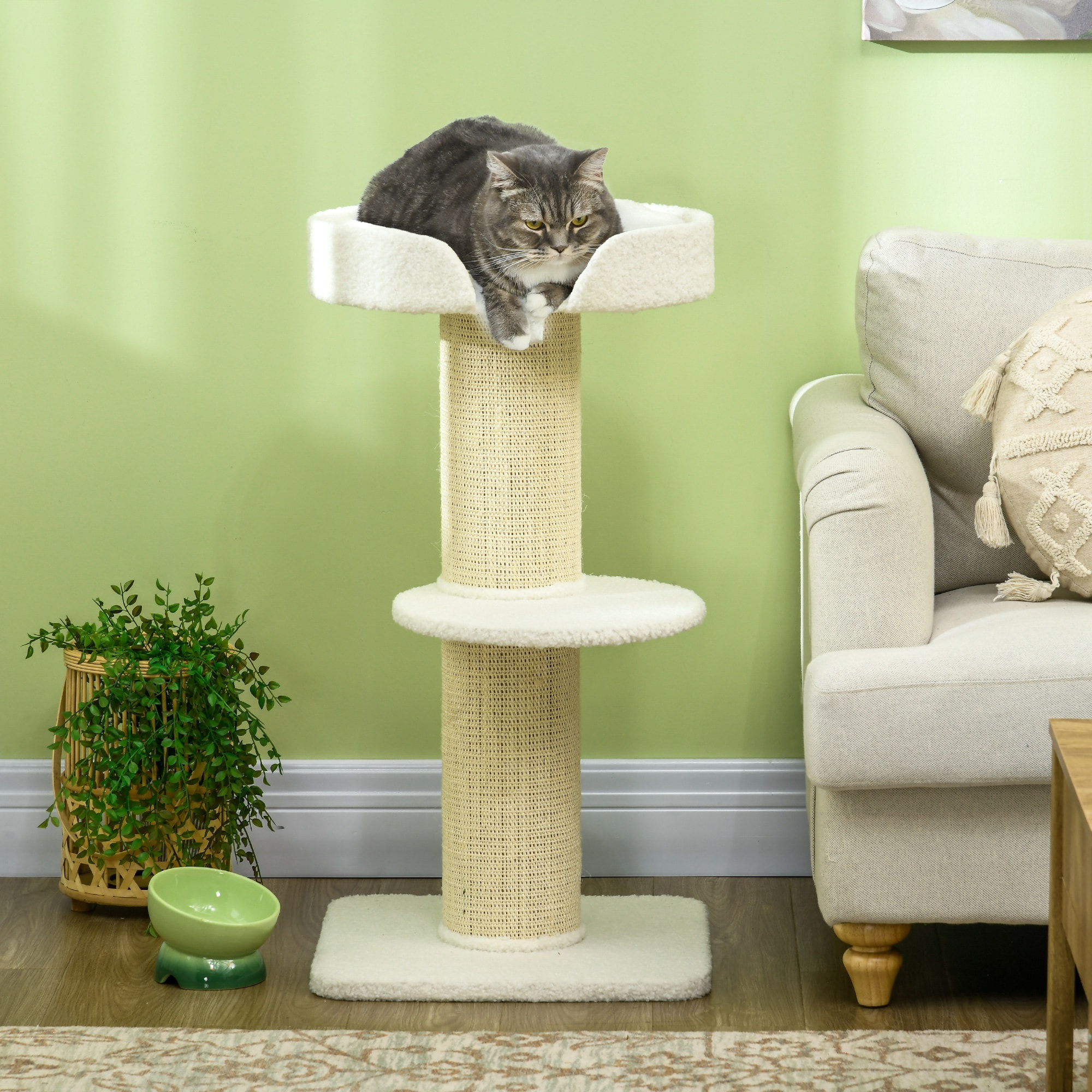 Árbol Rascador para Gatos Altura 91 cm Árbol para Gatos Torre para Gatos de 3 Niveles con Nido Plataforma y Poste de Sisal 45x45x91 cm Crema