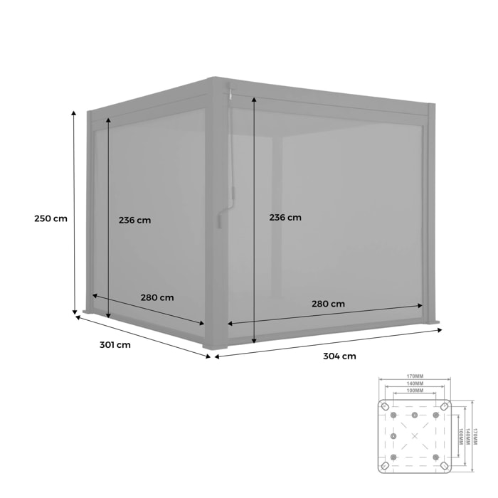 Pergola bioclimatique aluminium Triomphe 3x3 m lames orientables avec 2 stores en aluminium et textilène blancs