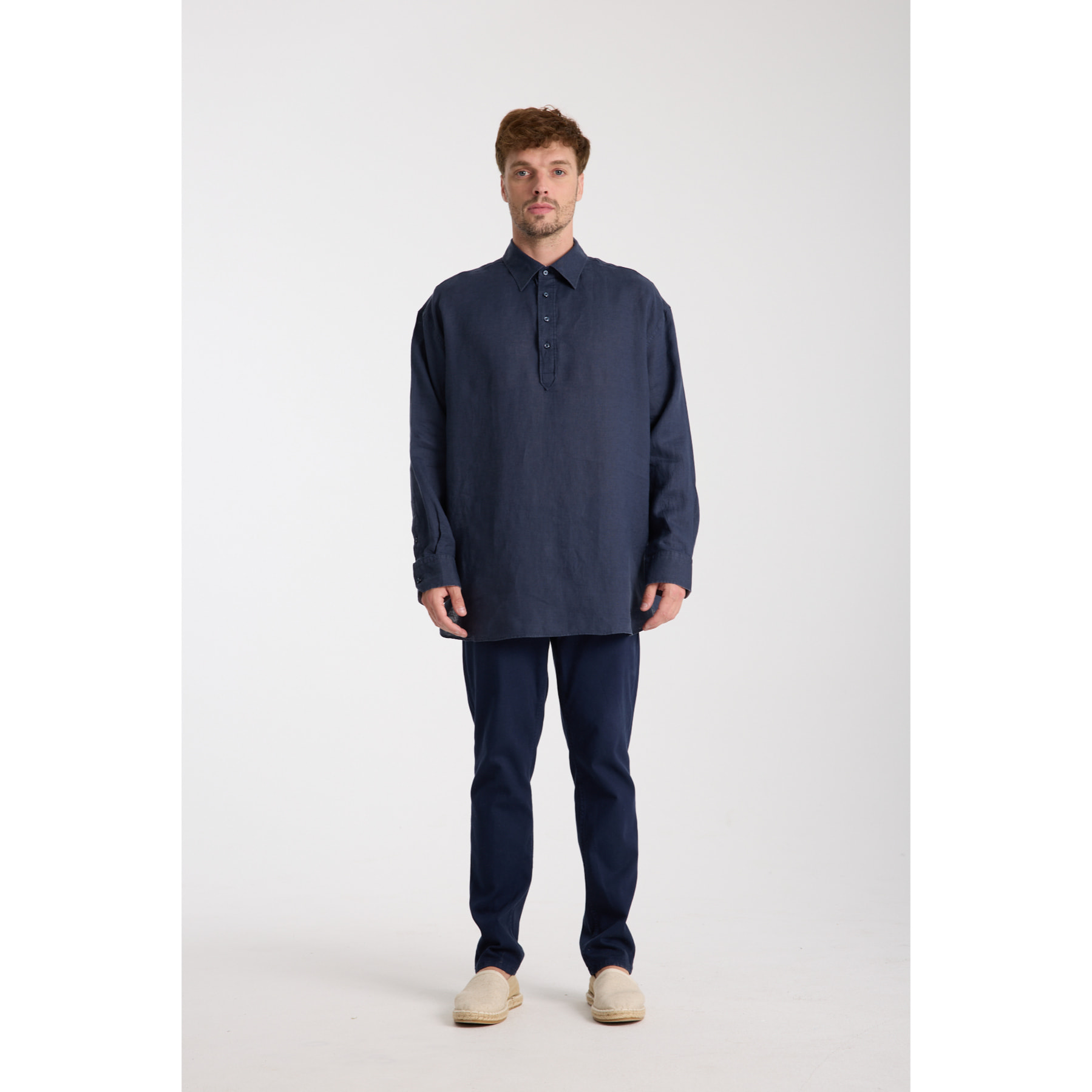 Camicia Uomo 1 Bottone Italiano Lino Unito Blu