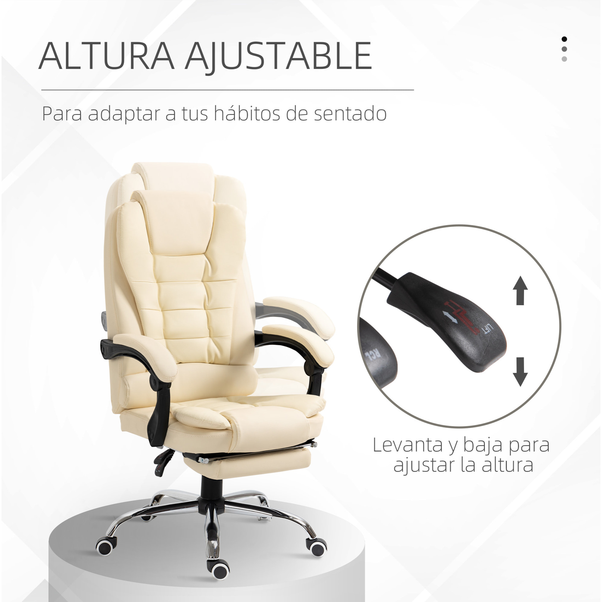 Silla de Oficina Reclinable Silla de Escritorio con Reposapiés Silla Ejecutiva Giratoria con Altura Ajustable Tapizada en PU y Reposabrazos para Estudio Crema