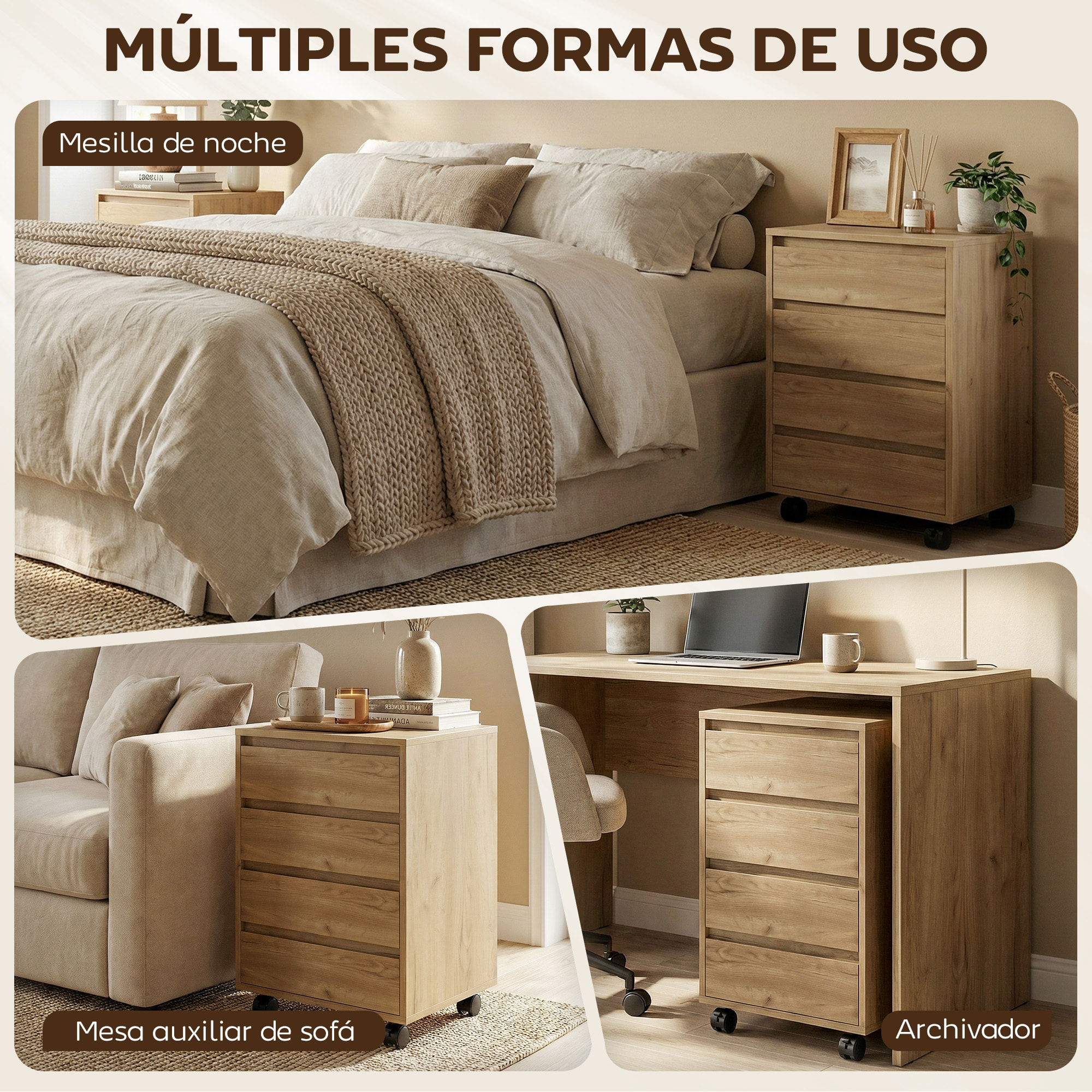 Cajonera de Oficina con 4 Cajones Cajonera de Escritorio con Ruedas Archivador Móvil para Estudio 46x40x65 cm Marrón