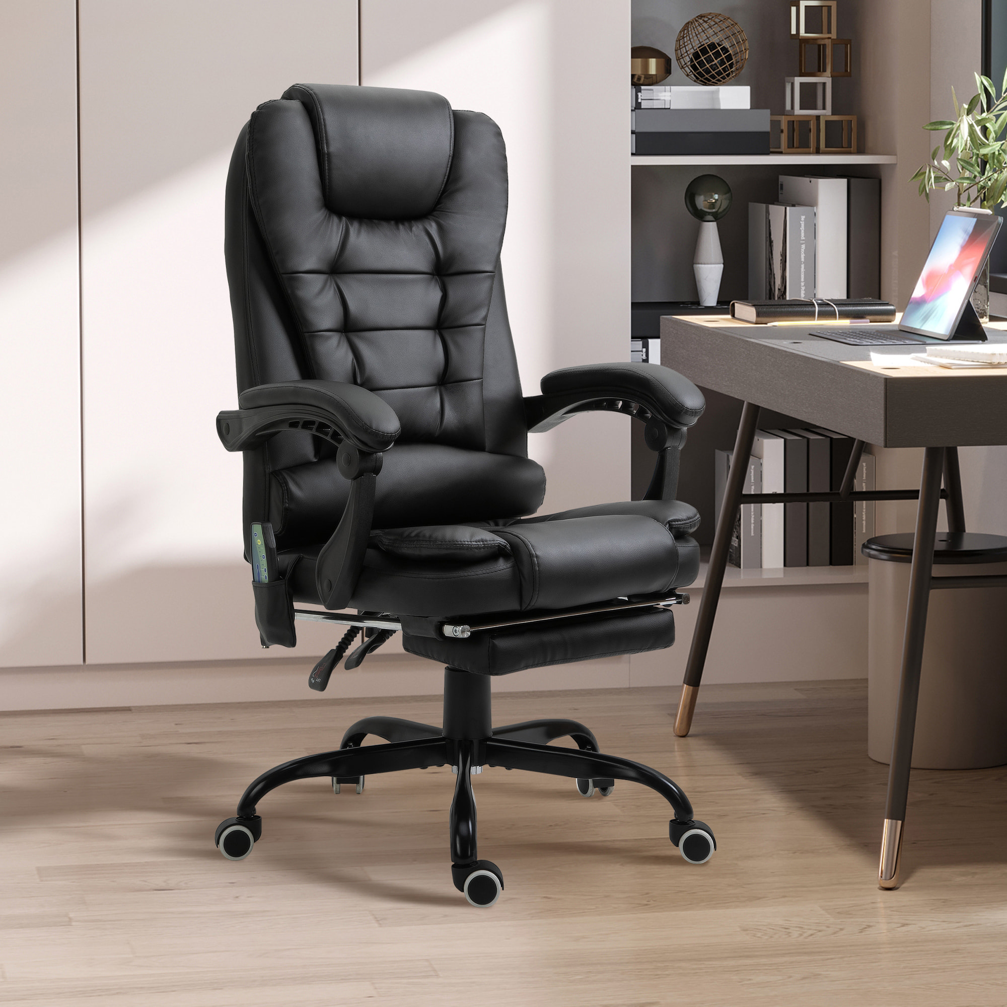 Silla de Oficina con 7 Puntos de Masaje Silla de Masaje Giratoria Silla de Escritorio con Reposapiés Retráctil Altura Ajustable Control Remoto y Tejido de PU Negro