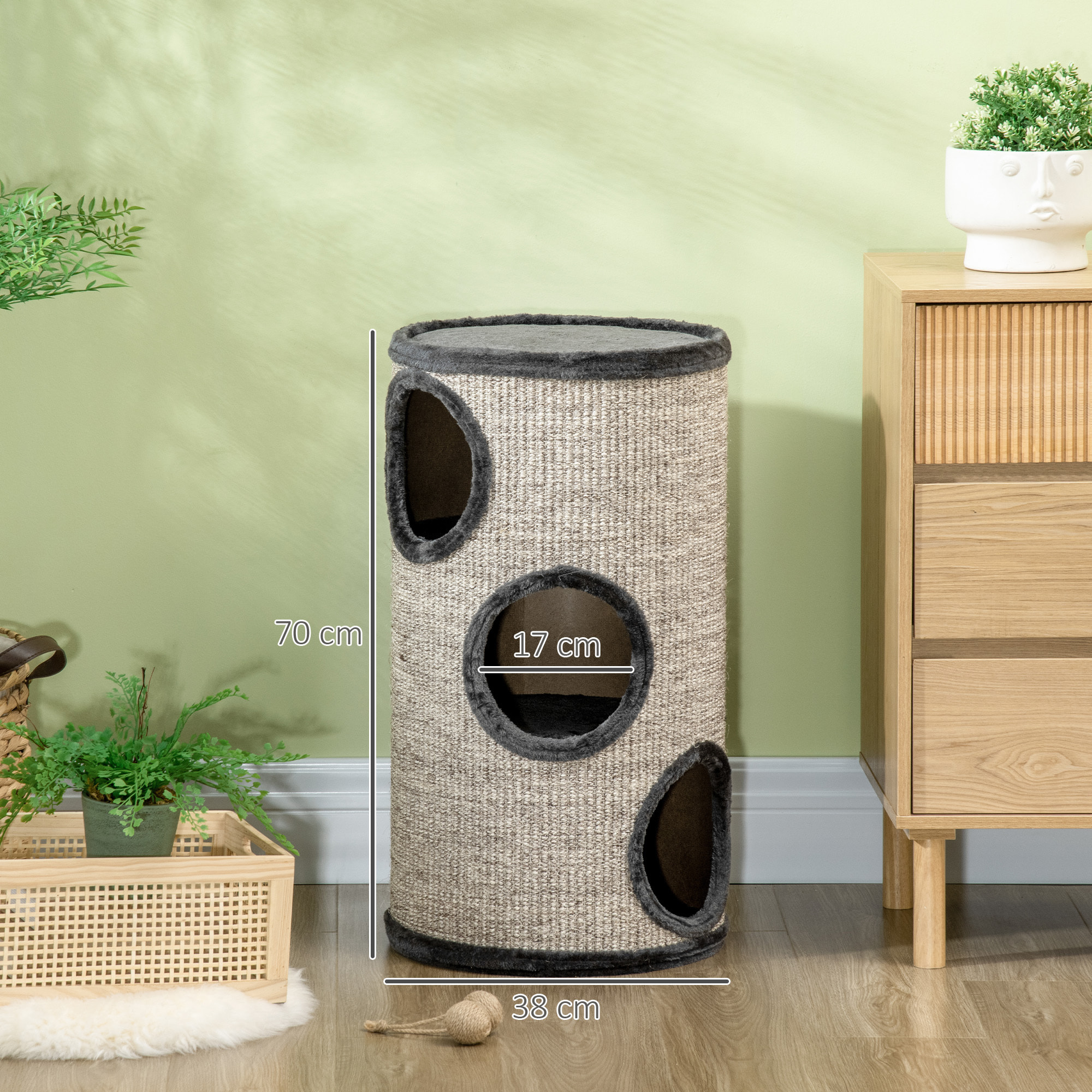 Arbre à chat cylindrique - tour à griffer pour chat - tonneau griffoir - 3 niveaux + plateforme - sisal peluche anthracite