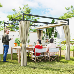Pergola 3x3m toit rétractable 4 rideaux UV30+ métal noir beige