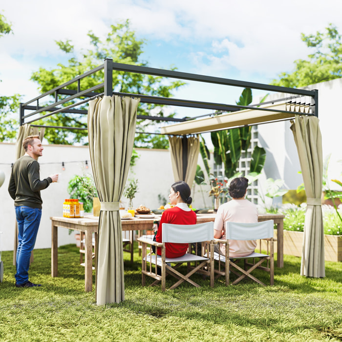 Pergola 3x3m toit rétractable 4 rideaux UV30+ métal noir beige