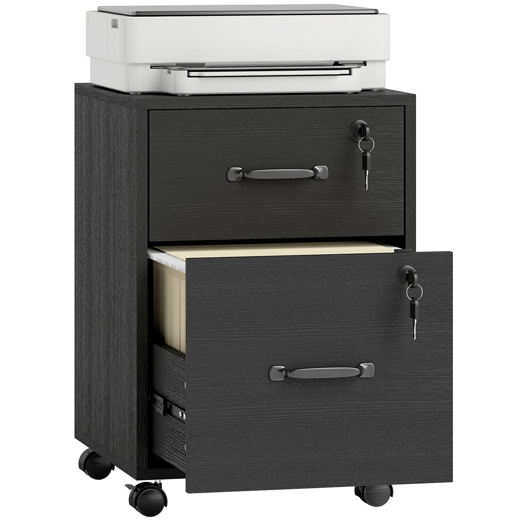 Caisson bureau verrouillable mobile 2 tiroirs coulissants trieur dossiers effet bois noir